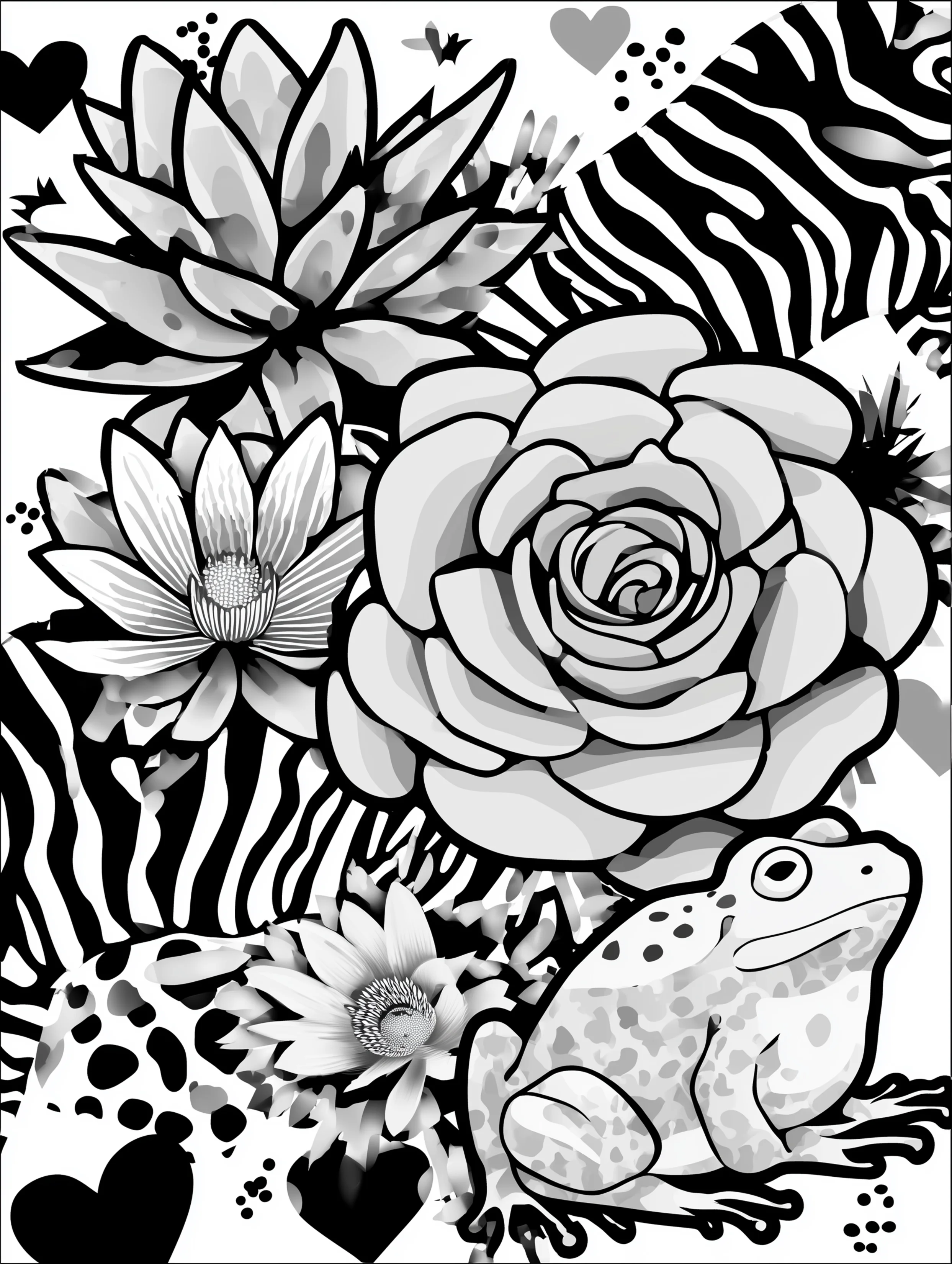 Free printable coloring pages floral featuring a frog surrounded by flowers
